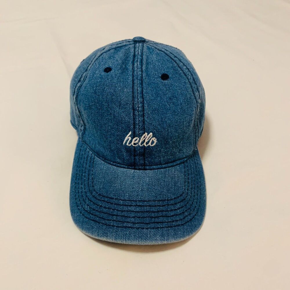 Denim Strapback Hat – "hello" Embroidered – One Size